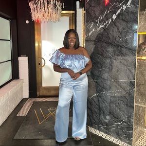 - Dusty Blue Satin Ruffle Off Shoulder Jumpsuit
